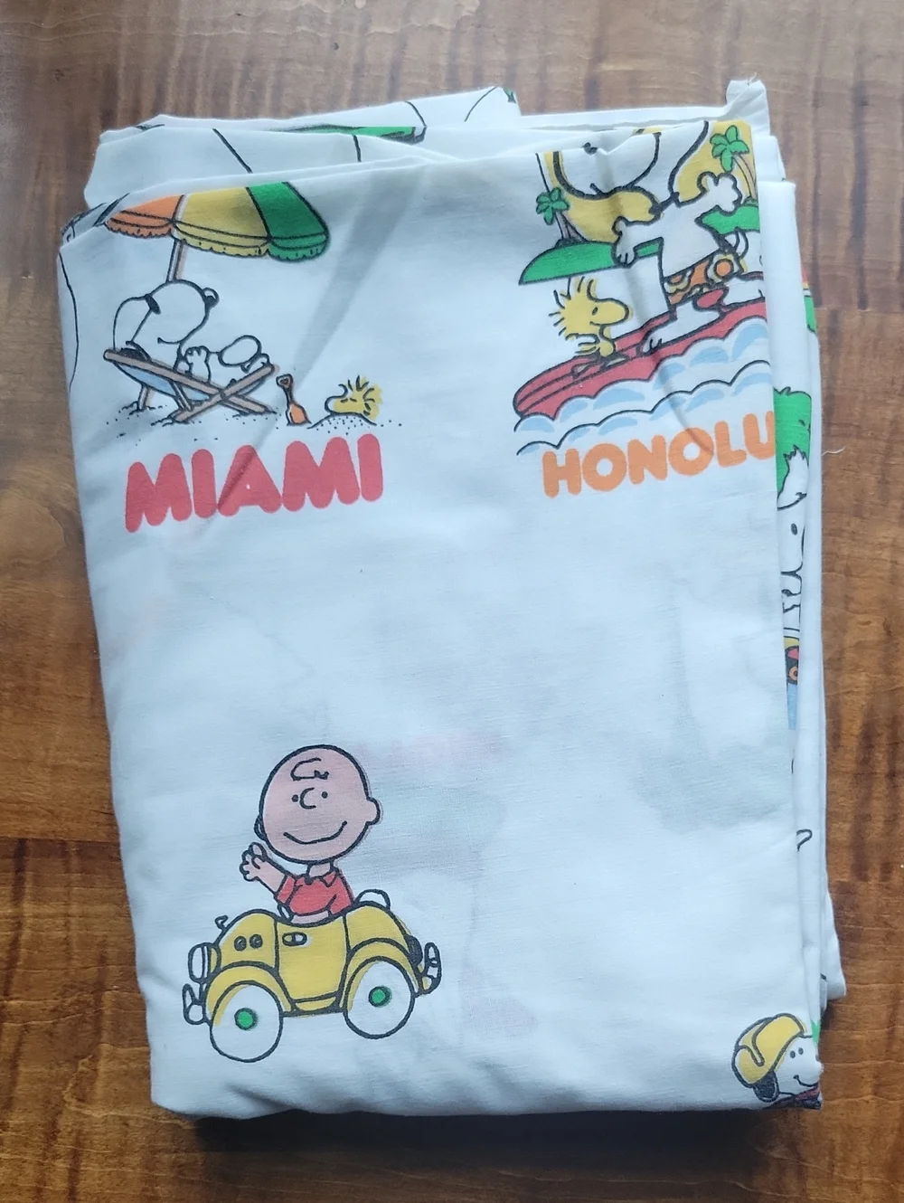 Vintage 1970s Peanuts See America With Snoopy Twin Flat Sheet Tastemaker,Bright